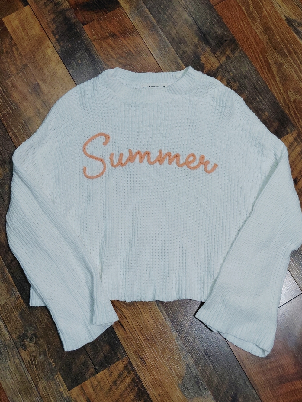moon & madison White  Ribbed Crewneck Sweater with Orange 'Summer' Script